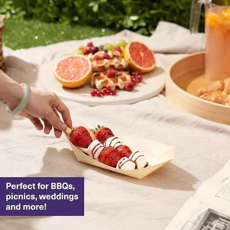 50pcs Wooden Disposable Food Boats, Bamboo Snack Bowls for Sushi, Appetizers, Finger Foods – Perfect for Wedding, Birthday Party, Back to School, and Christmas Events2
