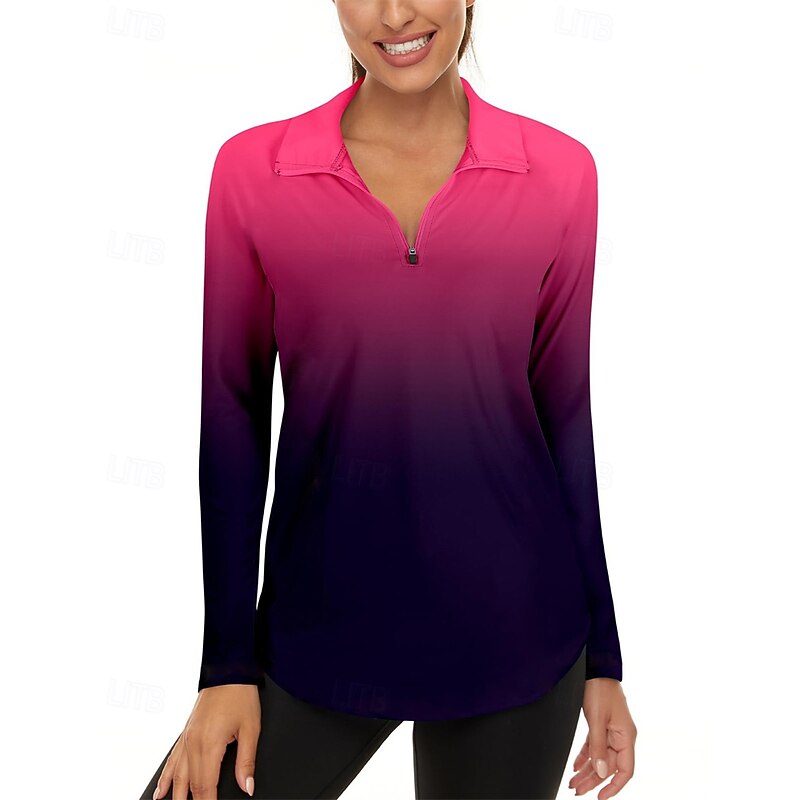 Women's Gradient Golf Polo Shirt Tennis Shirt Long Sleeve Quarter Zip Pullover UV Protection Elastic Breathable Tennis Golf Pickleball Zip Collar Shirt Polo Pink Blue Gray Tennis Clothing