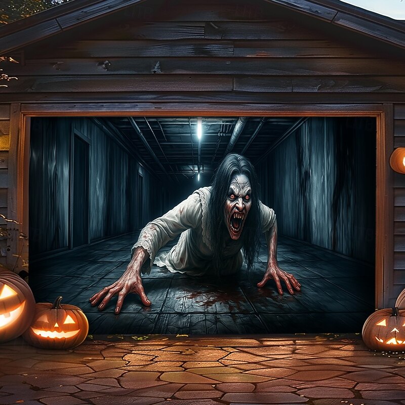 Halloween Garage Door Cover – Creepy Crawling Girl Horror Scene, Scary Outdoor Decoration for 2025 Halloween Home Front Yard