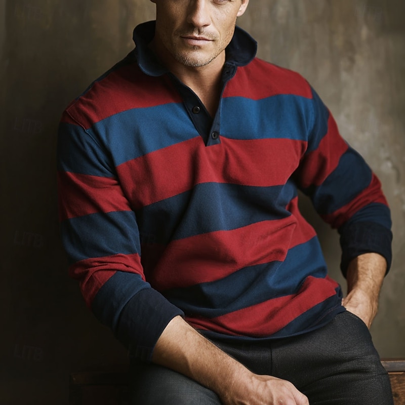 Men's Horizontal Stripes Rugby Polo Long Sleeve Polo Shirts Collared Shirts Sportswear Casual School Outdoor Athleisure 3D Print Spring Fall Winter Red Blue Purple