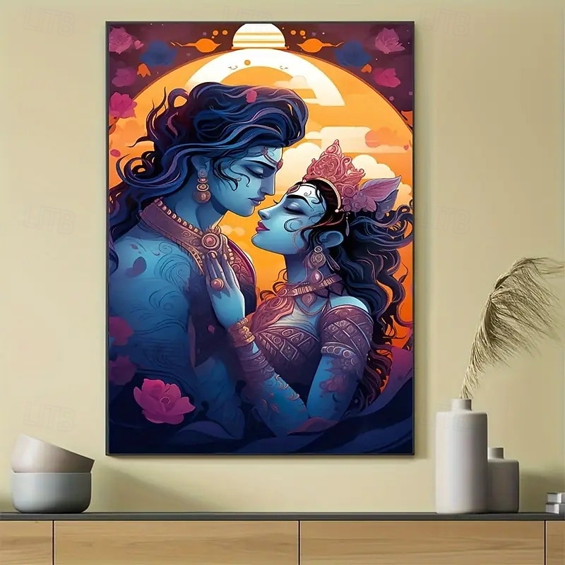 1 Piece Of Frameless Modern Hindu God Canvas Art - Vibrant Wall Decoration Of Krishna And Rada Love Story Suitable For Living Rooms Bedrooms Dining Rooms Rich Blue And Purple Tones Indian Home De3