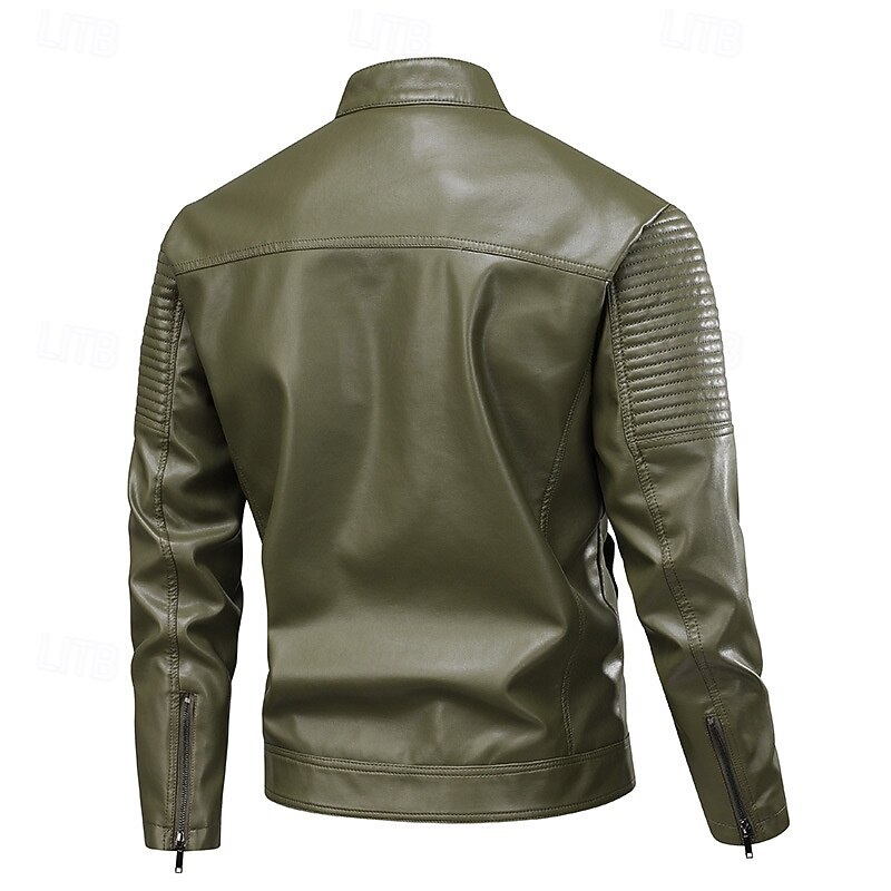 Men's Faux Leather Jacket Biker Jacket Motorcycle Jacket Vacation Daily Windproof Warm Pocket Fall Winter Plain Fashion Classic Stand Collar Regular Black Green Jacket4