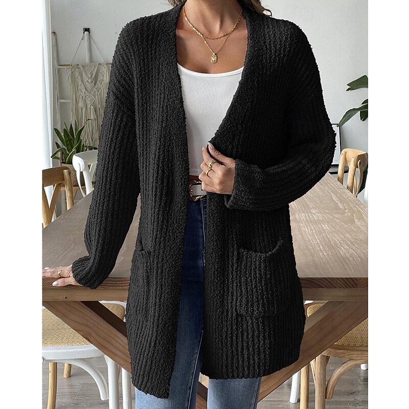 Women's Sweater Cardigan Fashion Streetwear Daily Solid Color Ribbed Open Front Pocket Knitted Long Sleeve Long Tops Knit Holiday Going out Weekend Black White Fall Winter4