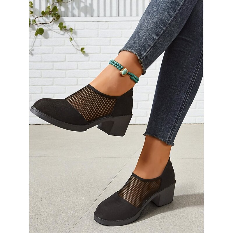 Women's Black Mesh Chunky Heel Shoes – Breathable Vintage-Style Pumps for Office, Garden Parties & Smart Casual Looks