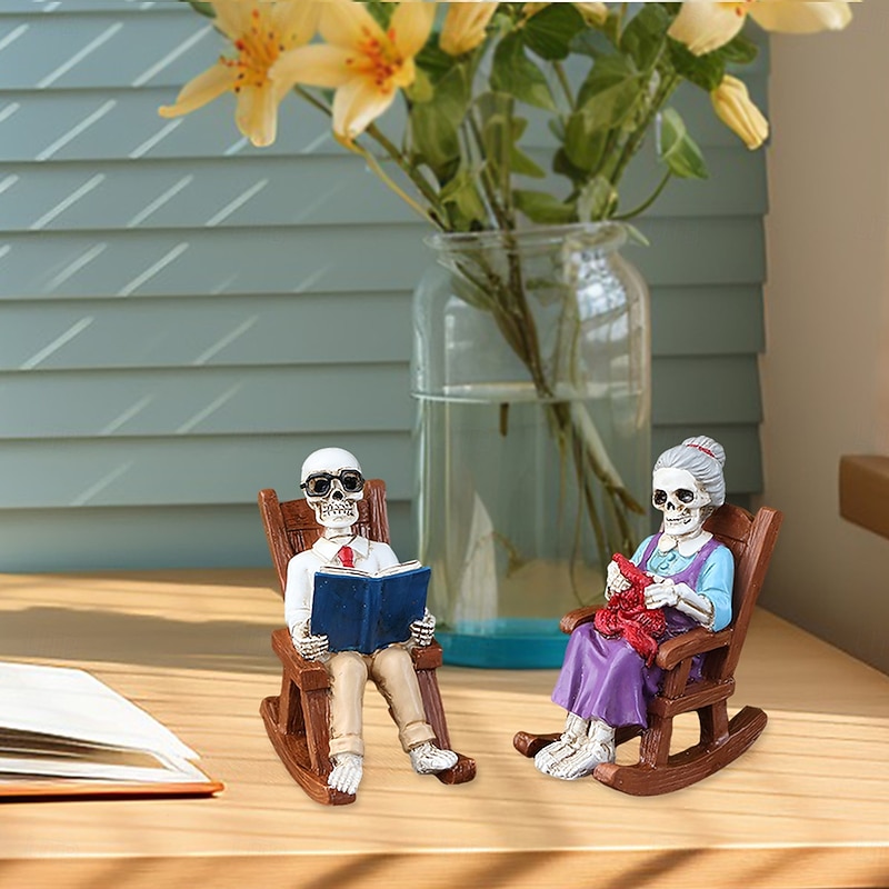2PCS Halloween Resin Reading Skeleton Elderly on Rocking Chair Figurines, Spooky Outdoor Yard, Lawn, Planter, and Desktop Decorations4