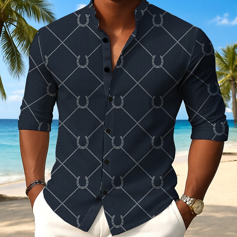 Men's Grid Pattern Horseshoe Shirt Button Up Shirt Stand Collar Shirt Long Sleeve Casual Outdoor Vacation Daily Spring Fall Mandarin Collar Band Collar 3D Print Linen Like Shirt Blue Green Light Grey4