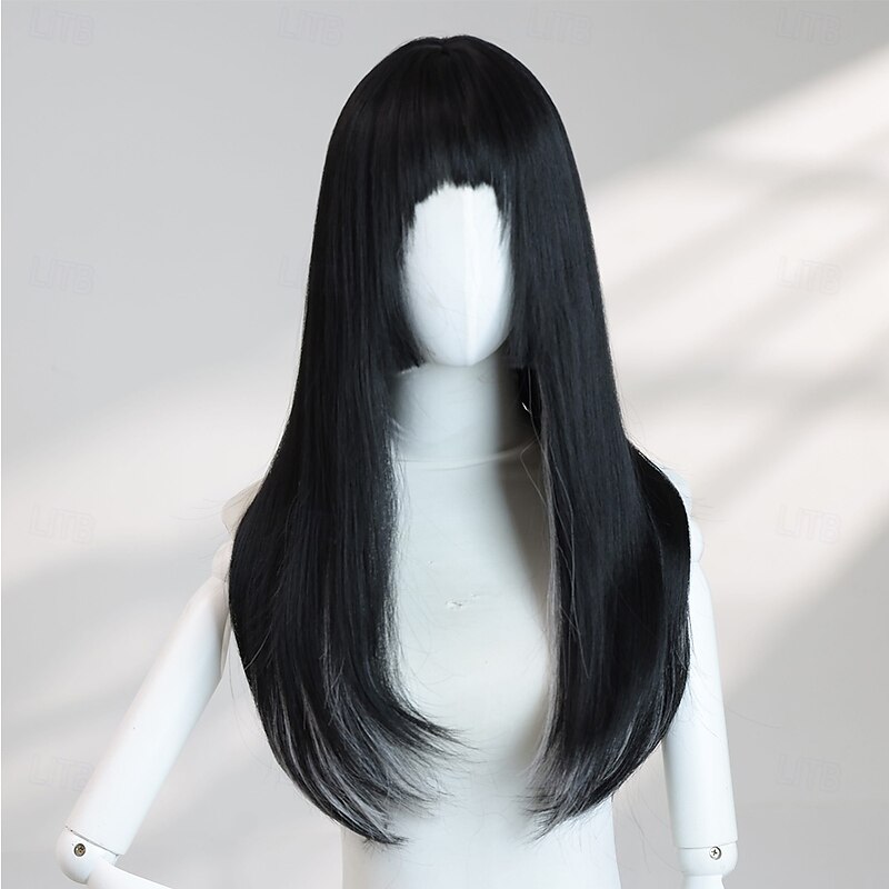 24-Inch Layered Straight Black Wig for Women – Full Bangs, Sleek Synthetic Hair, Perfect for Halloween Cosplay & Fashion2