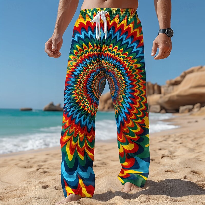 Men's Geometric Optical Illusion Trousers Baggy Pants Casual Pants Mid Waist Casual Outdoor Vacation Elastic Drawstring Waist Linen-Like Pants with Pockets Summer Spring Fall 3D Print Blue Rainbow2