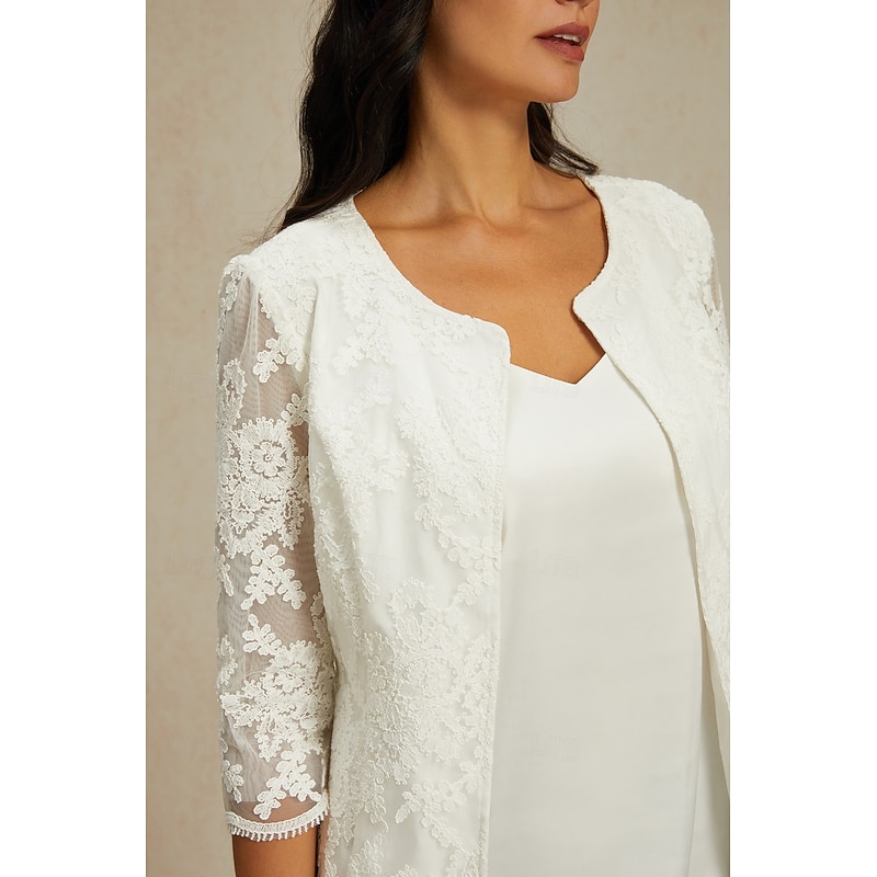 Women's Lace Jacket Blazer Mesh Elegant 3/4 Length Sleeve Crew Neck Regular Tops Wedding Guest Work Daily Lace White Spring Fall3