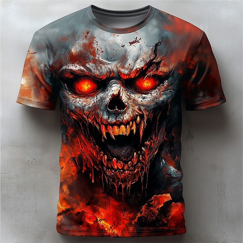 Halloween Men's Skull 3D Flame T Shirt Short Sleeve T shirt 3D Print Crew Neck Shirt Exaggerated Designer Horror Party Street Casual Black White Red Summer Spring All Seasons Clothing Apparel S M L