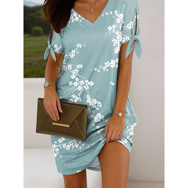 Women's Mini Dress Casual Dress T Shirt Dress Tee Dress Summer Dress Elegant Vacation Vintage Cold Shoulder Regular Fit Floral Graphic Short Sleeve V Neck Pink Blue Purple Green Summer Spring