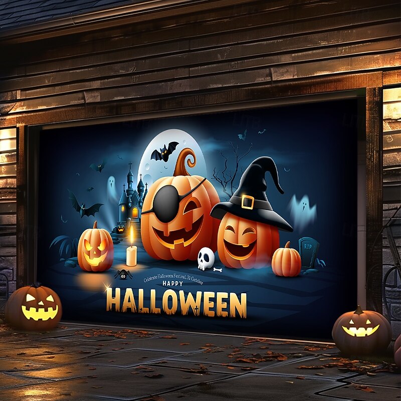 Halloween Outdoor Garage Door Cover Pumpkin Skeletons Banner Large Tapestry Backdrop Decoration for Holiday Outdoor Garage Door Home Wall Decorations3
