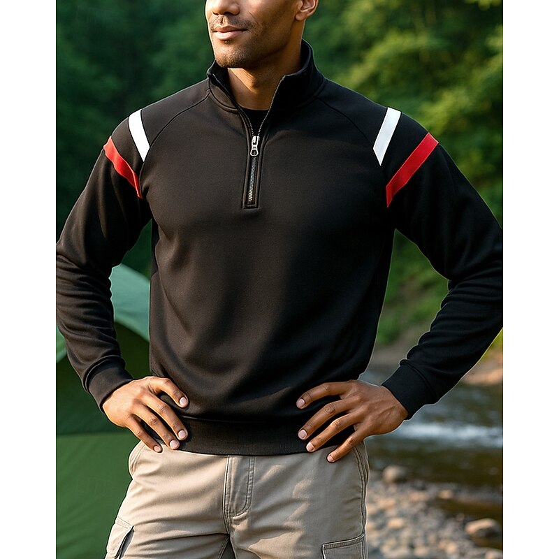 Men's Quarter Zip Sweatshirt Long Sleeve Stand Collar Top Outdoor Soft Cotton Stripes Black Tennis Workout Running