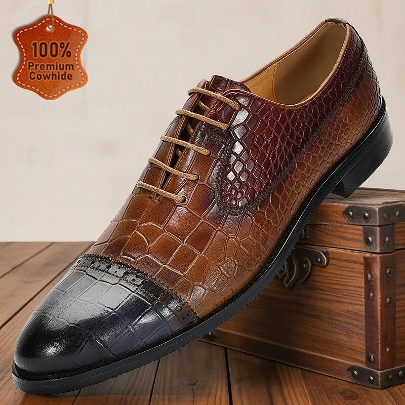 Men’s Crocodile Print Genuine Leather Oxford Shoes – Elegant Lace-up Style for Fashion-forward Men, Wedding Receptions and Executive Events