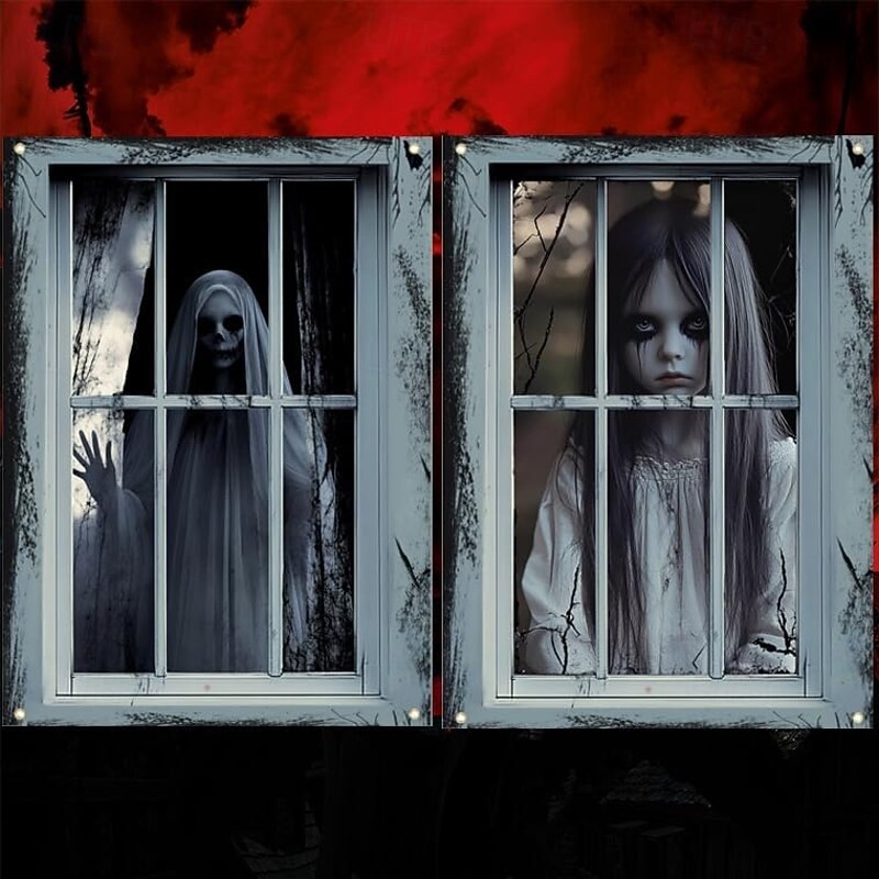 2Pack Halloween Window Decorations Female Ghost Halloween Window Horror Female Ghost Doll Curtain Set Horror Skull Poster Indoor and Outdoor Party Decoration