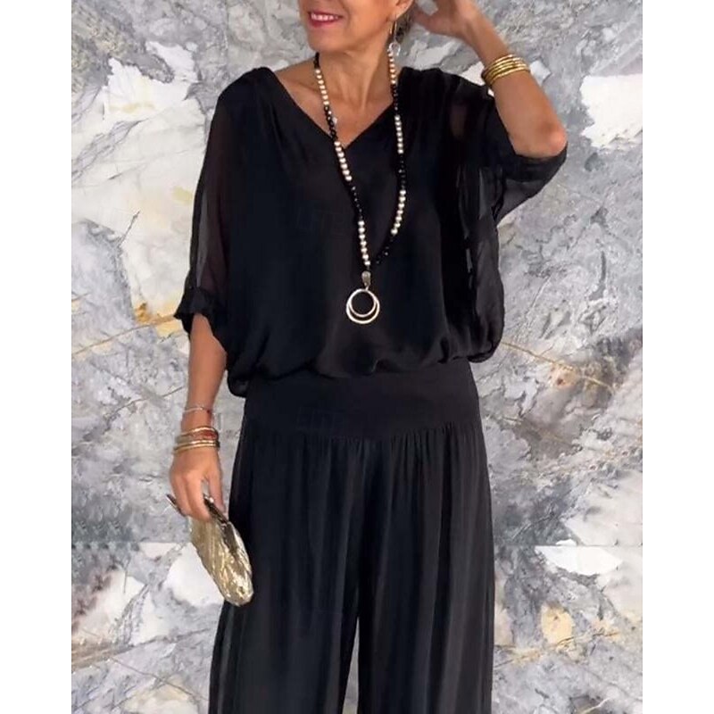 Women's Active Fashion Blouse Pants Sets Half Sleeve V Neck Solid Color Split Thigh Backless Holiday Going out Black White Light Green Fall Regular Fit