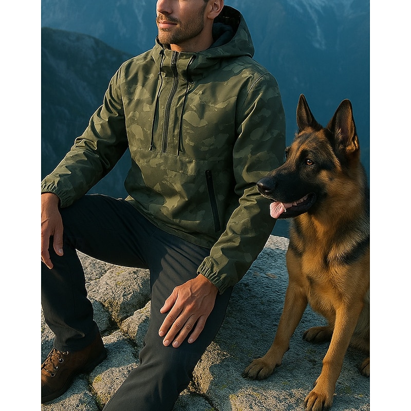 Men's Waterproof Hoodie Military Hoodie Long Sleeve Hooded Top Outdoor Waterproof Windproof Winter Polyester Camo Army Green Traveling Running