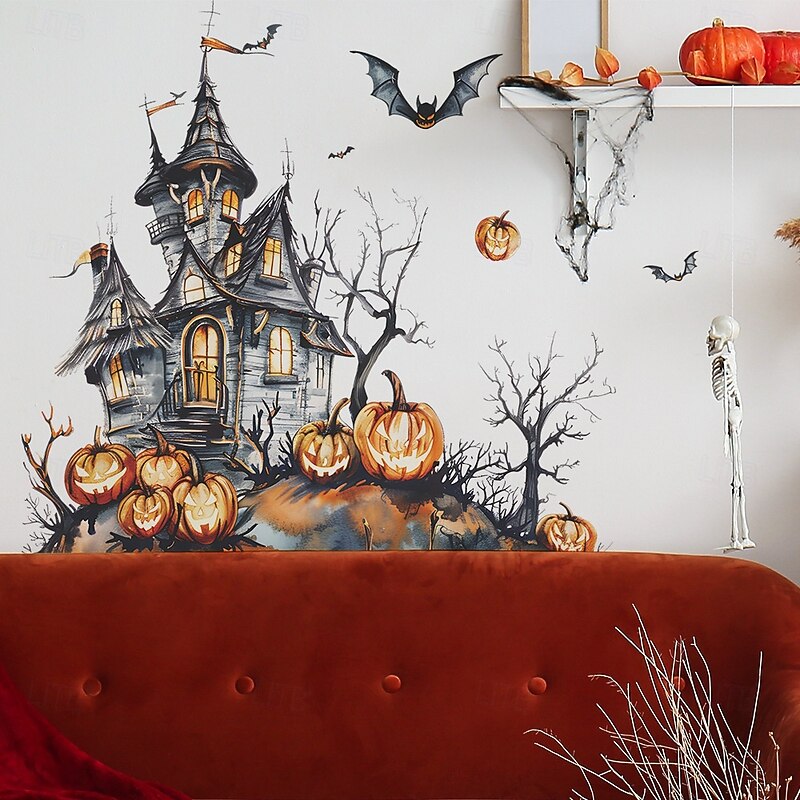Halloween Horror Castle and Pumpkin Wall Sticker, Spooky Bedroom and Living Room Peel and Stick Home Decoration, Self-Adhesive Halloween Party Wall Decal2