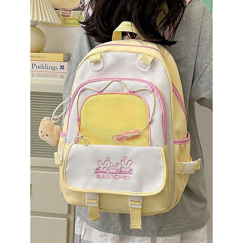 Teen Girl's Large Capacity Travel Backpack with Trolley Strap – Cute Bunny Embroidery, Multi-Pocket School Bag for Middle & High School Students3