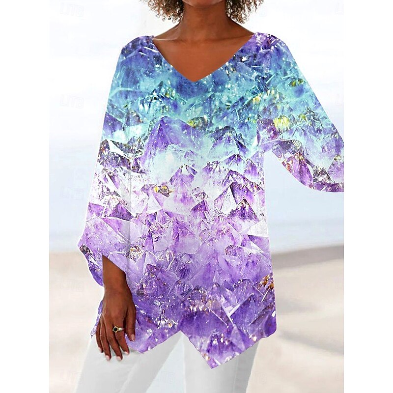 Women's Blouse Ombre Graphic Abstract Vintage Tropical Stylish 3/4 Length Sleeve V Neck Regular Tops Daily Holiday Print Sky Blue Dusty Blue Light Purple Summer Spring Fall