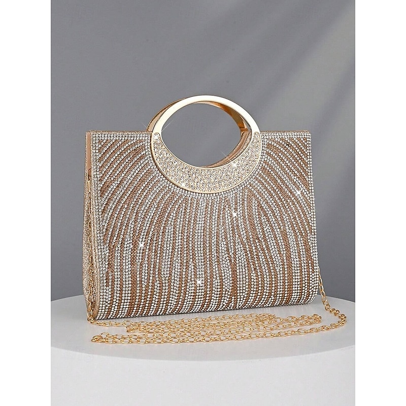 Women's Rhinestone Evening Clutch Bag with Round Handle – Sparkly Gold Crystal Purse for Cocktail Parties, Weddings & Formal Events