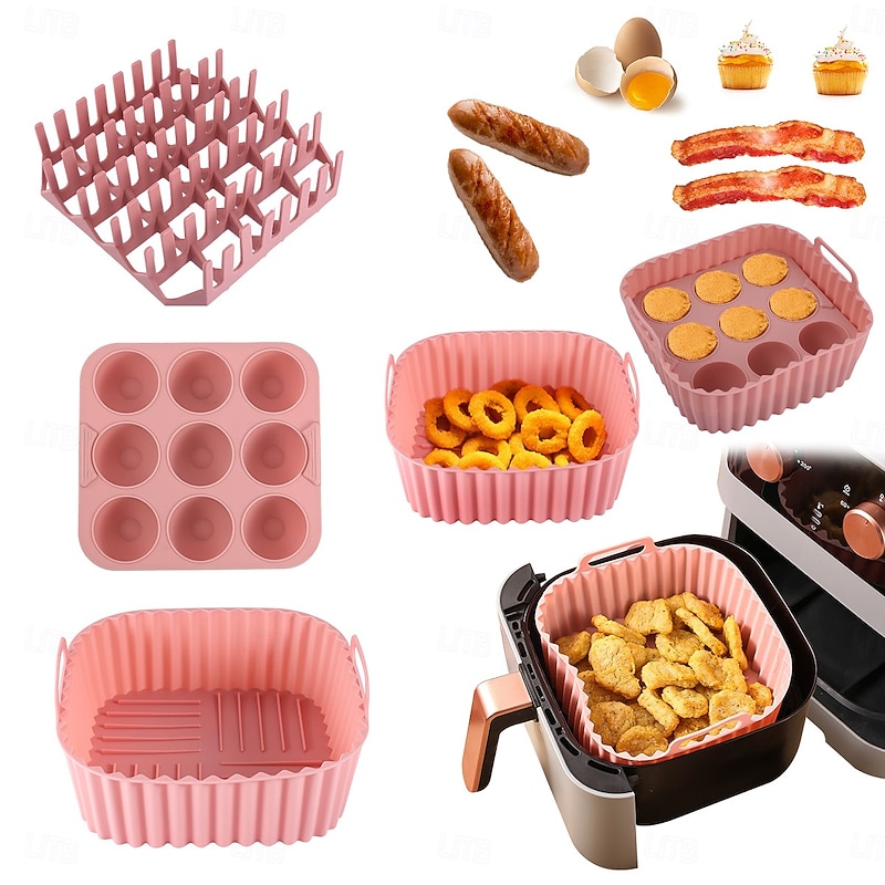 3pcs Reusable Silicone Air Fryer Liners Set Non-Stick Silicone Tray, Bacon Rack & 9-Cavity Mold for Eggs and Cupcakes Multi-Use Air Fryer Accessories3