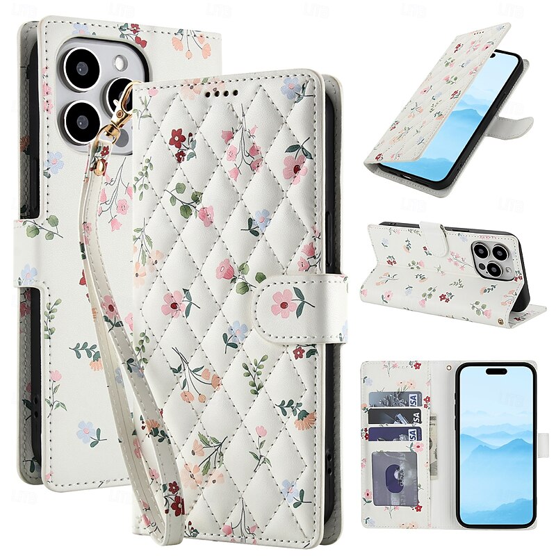 Phone Case For iPhone 17 Pro Max 17 Air 16 15 14 Pro Max Plus 16e 13 Mini with Lanyard Kickstand Card Slot Flower Floral TPU PU Leather2