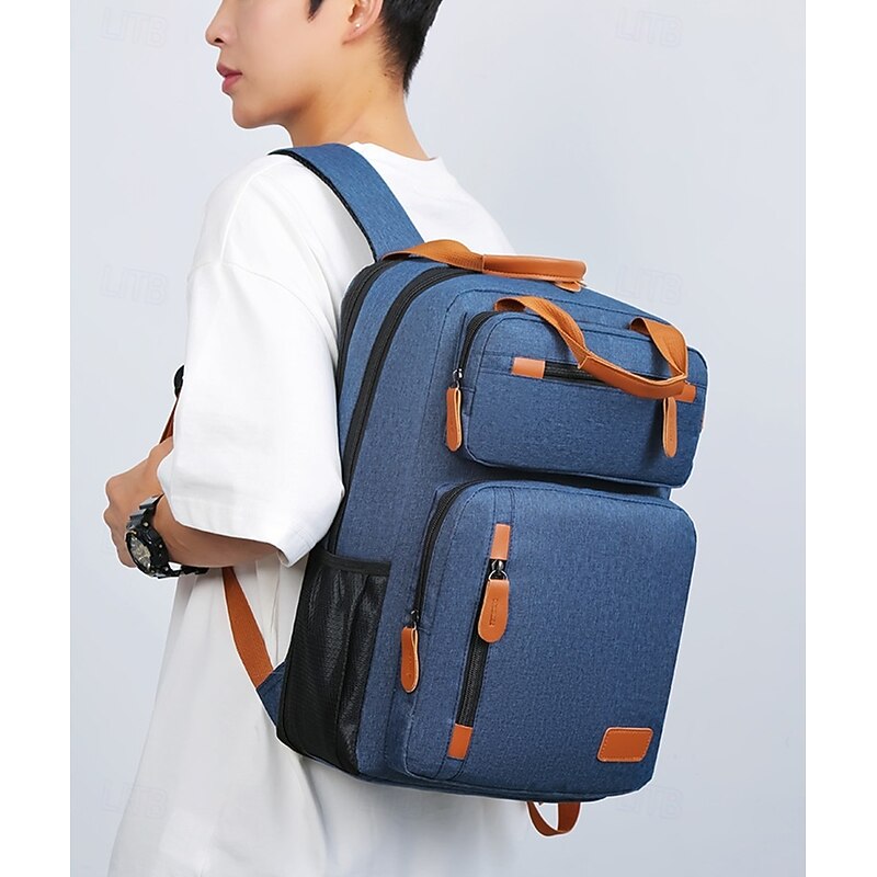 Men's Blue Laptop Backpack with USB Port – Multi-Compartment Travel and School Bag with Leather Accents and Water Bottle Pocket2