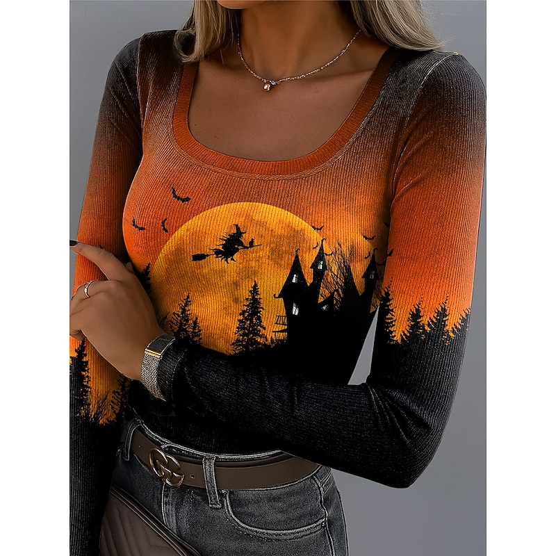Halloween Women's T Shirt Skulls Ribbed Graphic Square Neck Long Sleeve Casual Letter Vintage Stylish Classic Regular Tops Daily Print Maroon Black Purple Orange Brown Spring Fall2
