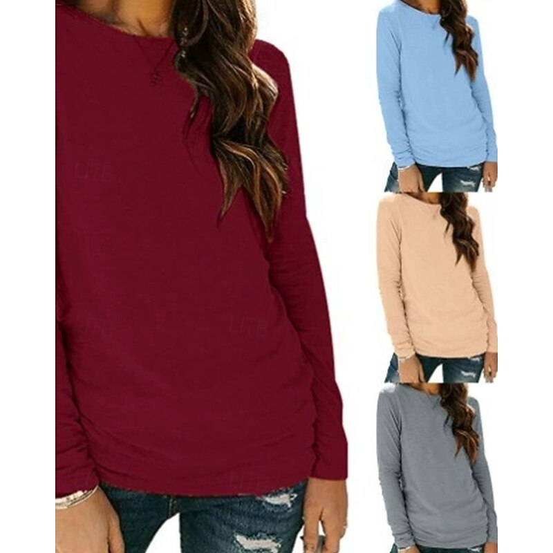 Women's Texture Blouse T Shirt Plain Fashion Modern Long Sleeve Crew Neck Regular Tops Daily Black Wine Gray Summer