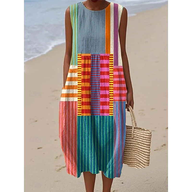 Women's Midi Dress Sundress Vacation Casual Boho Going out Floral Graphic Sleeveless Crewneck White Blue Orange Green Summer Spring - Main Image