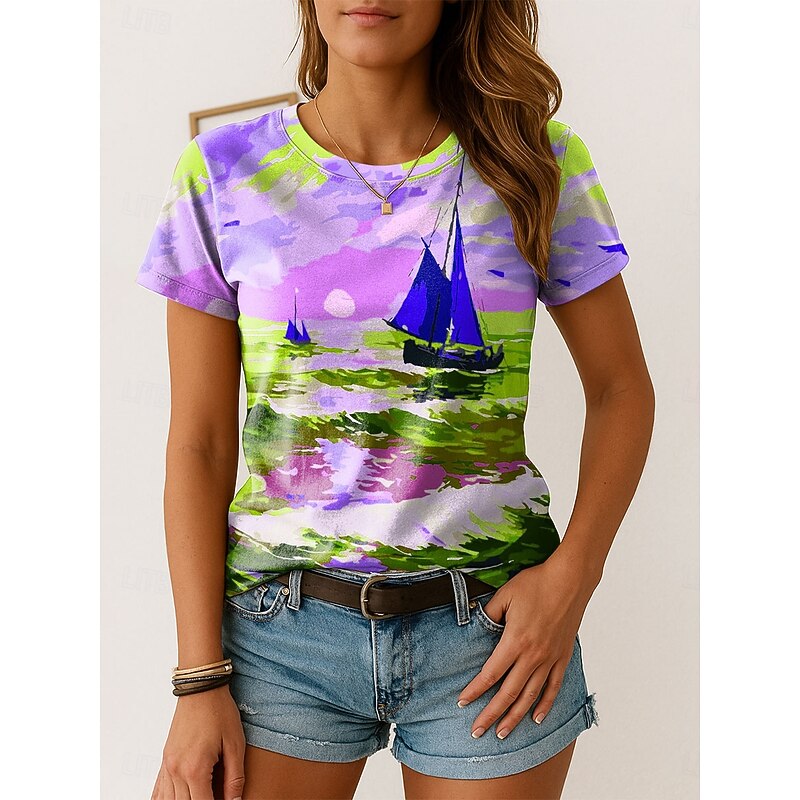 Women's T Shirt Ombre Graphic Vintage Stylish Classic Short Sleeve Crew Neck Regular Tops Daily Weekend Print Yellow Blue Purple Summer Spring3