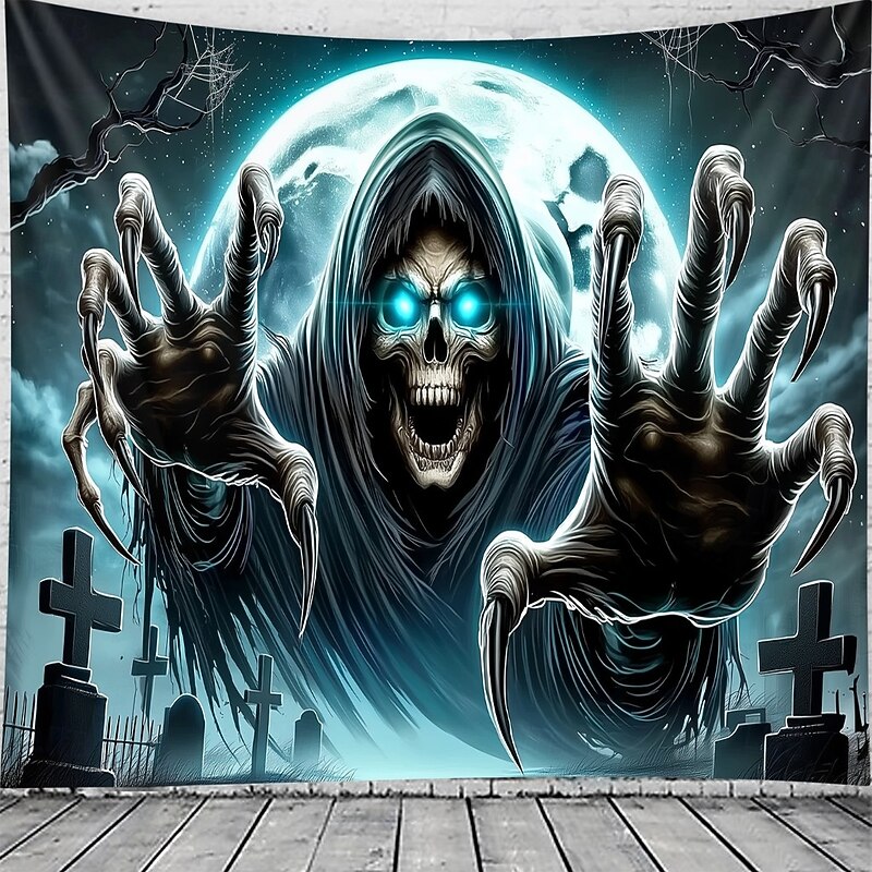Halloween Tapestry Wall Hanging – Grim Reaper, Creepy Cemetery Scene under Bright Full Moon, Scary Gothic Horror Wall Art for 2025 Halloween Decoration2