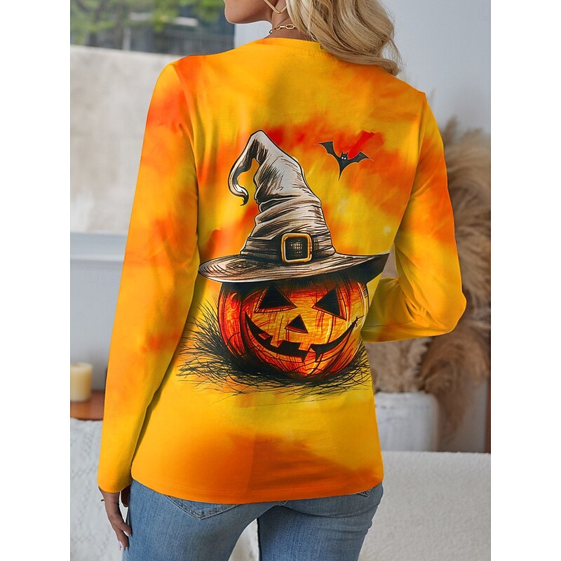 Halloween Women's T shirt Pumpkin Long Sleeve Crew Neck Long Sleeve Tunic Graphic Vintage Stylish Classic Regular Tops Daily Weekend Print Black Red Fuchsia Orange Spring Fall Prefall2