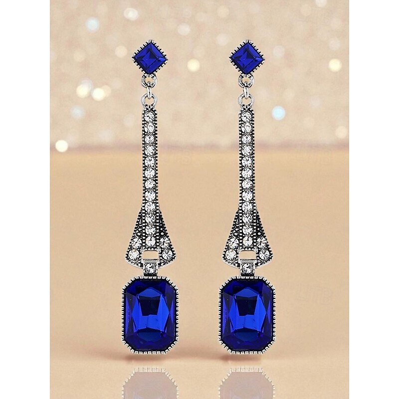 Women's 1920s Gatsby Drop Earrings - Art Deco Long Dangle Earrings with Blue Gemstones and Rhinestones for Roaring Twenties Parties