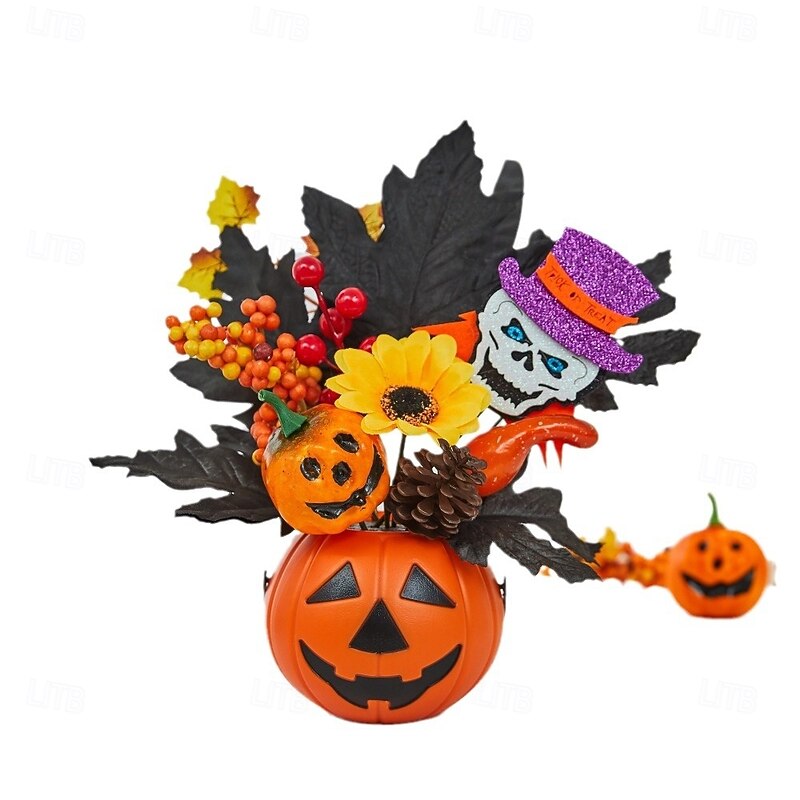 Halloween Fall Desktop Ornament with Faux Pumpkin Decoration, Maple Leaves, Pinecones and Fall Party Decor, Spooky Halloween Table Display for Harvest Festival and Autumn Home Setup4