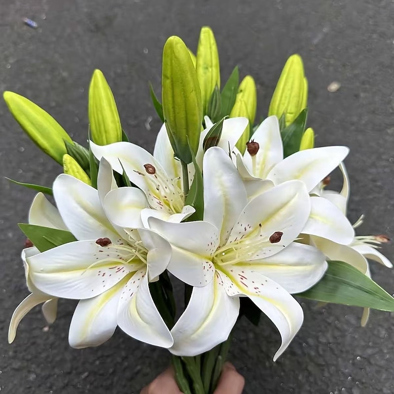 10PCS Artificial White Lily Bouquets, Realistic Plastic Flower Arrangements for Home, Garden, Wedding, and Holiday Decorations, Perfect for Easter, Ramadan, St. Patrick's Day, Mother's Day, Indoor and Outdoor Use