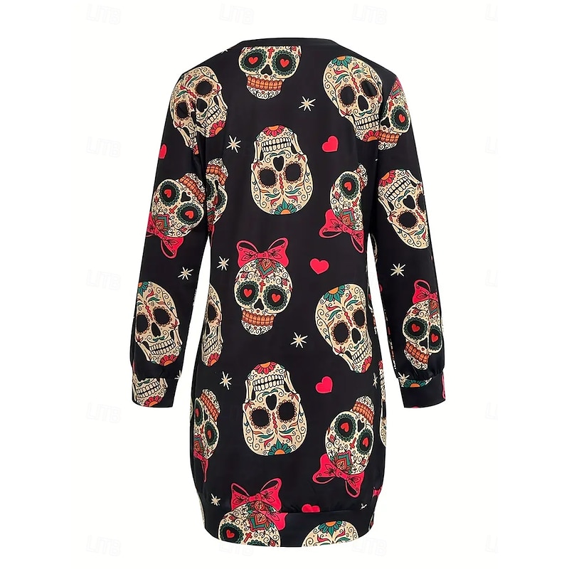 Halloween Women's Sweatshirt Dress Skulls Print Mini Dress Shift Dress Casual Holiday Going out Regular Fit Graphic Skull Long Sleeve Crew Neck Black Spring Fall Winter2