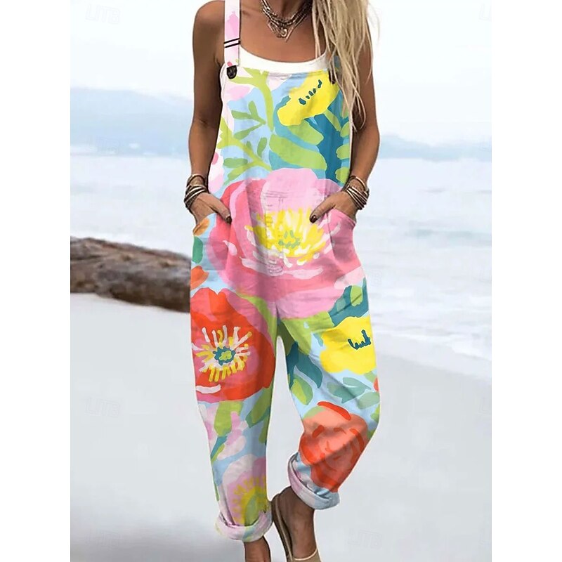 Women's Jumpsuit Active Floral Sleeveless Straight with Pocket Vacation Street Loose Fit White Yellow Pink Summer4