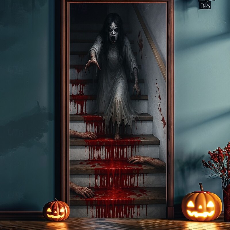 2025 Halloween Door Cover – Bloody Stairs Horror Scene, Haunted House Entrance Banner, Gruesome Outdoor & Indoor 2025 Halloween Decoration for Bedroom, Living Room, Bathroom3