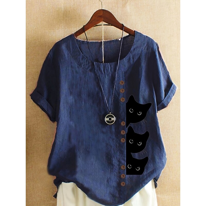 Women's Cotton Linen Shirts Animal Cat Elegant Daily Stylish Short Sleeve Crew Neck Regular Tops Daily Holiday Vacation Wear Buttons White Yellow Navy Blue Blue Purple Summer Spring4