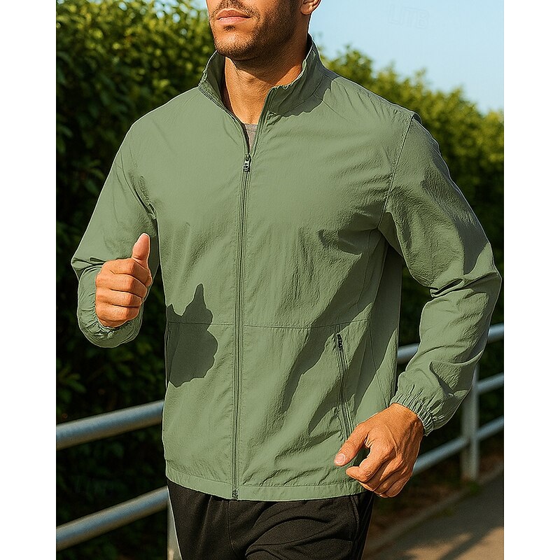 Men's Running Jacket Outdoor Jacket Pocket Long Sleeve Top Athleisure Solid Colored Waterproof Windproof Lightweight Breathable Gym Workout Hiking Running Sportswear Activewear Black Light Grey Green4