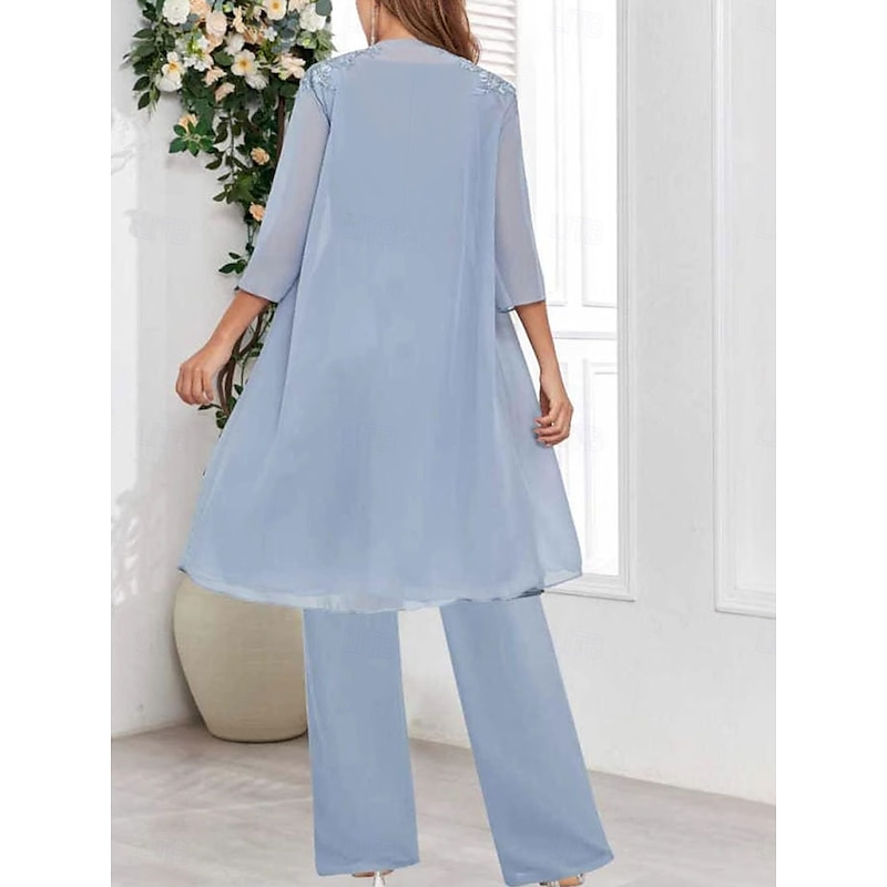 3 Piece Mother of the Bride Dress Wedding Guest Elegant Simple V Neck Floor Length Polyester Long Sleeve with Solid Color4