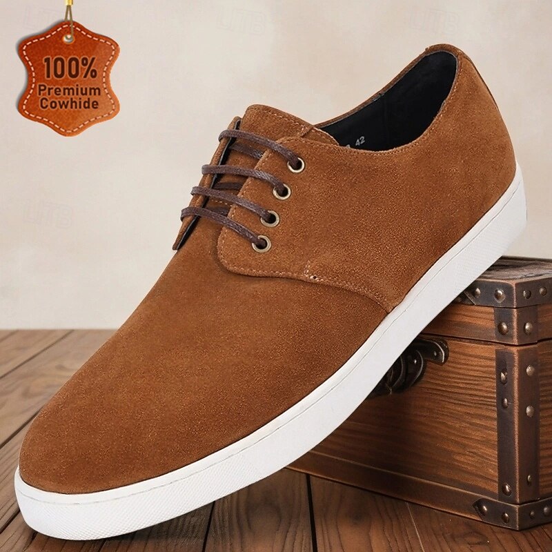Men's Tan Cowhide Suede Lace-up Sneakers with White Rubber Sole Casual Everyday Shoes for Walking, Travel and Outdoor Activities