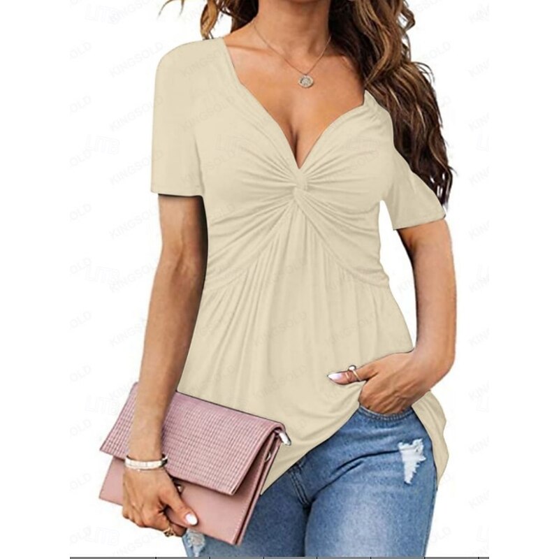 Women's Blouse Solid Color Stylish Casual Short Sleeve V Neck Regular Tops Daily Ruched White Yellow Wine Beige Summer Spring2
