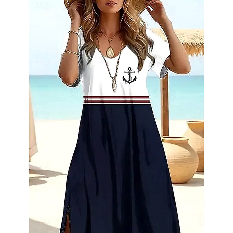 Women's Maxi Dress T Shirt Dress Tee Dress Sundress Shift Dress Summer Dress Bohemia Party Holiday Beach Form Fit Graphic Geometric Vintage Short Sleeve Crew Neck Navy Blue Summer Spring2