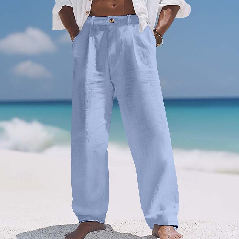 Men's Linen Pants Trousers Summer Pants Baggy Pants Beach Pants Elastic Waist Straight Leg Plain Comfort Breathable Full Length Casual Daily Holiday Vacation Fashion Black White Inelastic4