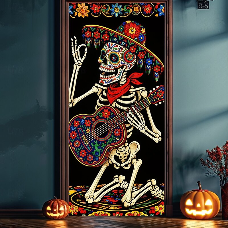 Halloween Door Cover – Dancing Skeleton in Colorful Costume, Haunted House Entrance Banner, Scary Outdoor & Indoor Decoration for 2025 Halloween Bedroom, Living Room, Bathroom2