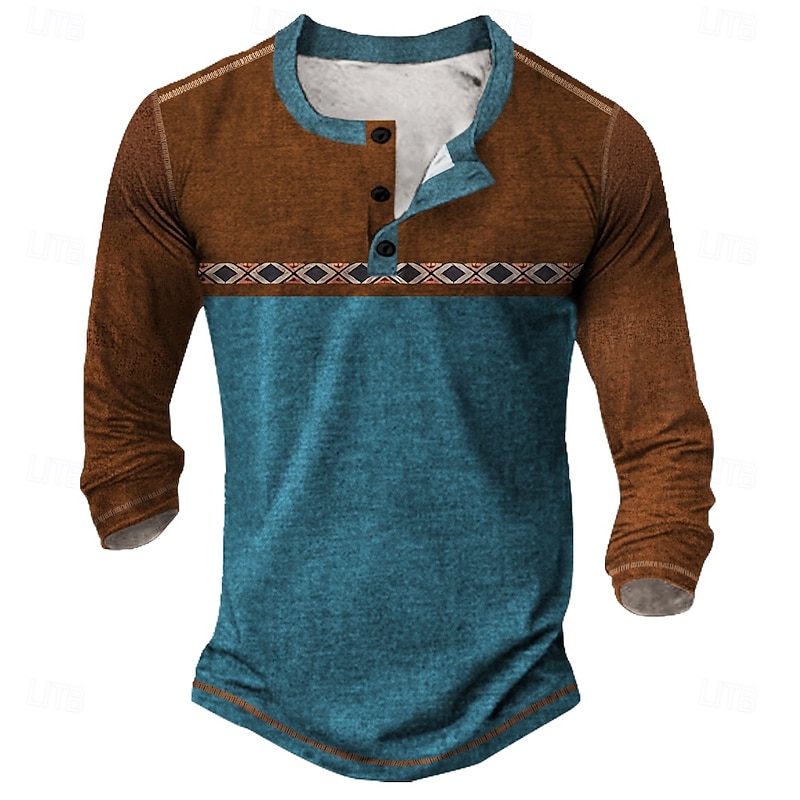 Men's Geometric Retro Ethnic Henley Shirt Tee Long Sleeve Vintage Fashion Designer Outdoor Casual Daily Spring &  Fall Dark Brown Lake blue Black Henley Henley T-Shirt3