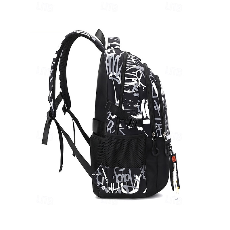 Waterproof Graffiti Print School Backpack for Teens – Large Capacity Black Bookbag with Padded Laptop Compartment, Stylish Travel Bag for Boys and Girls4